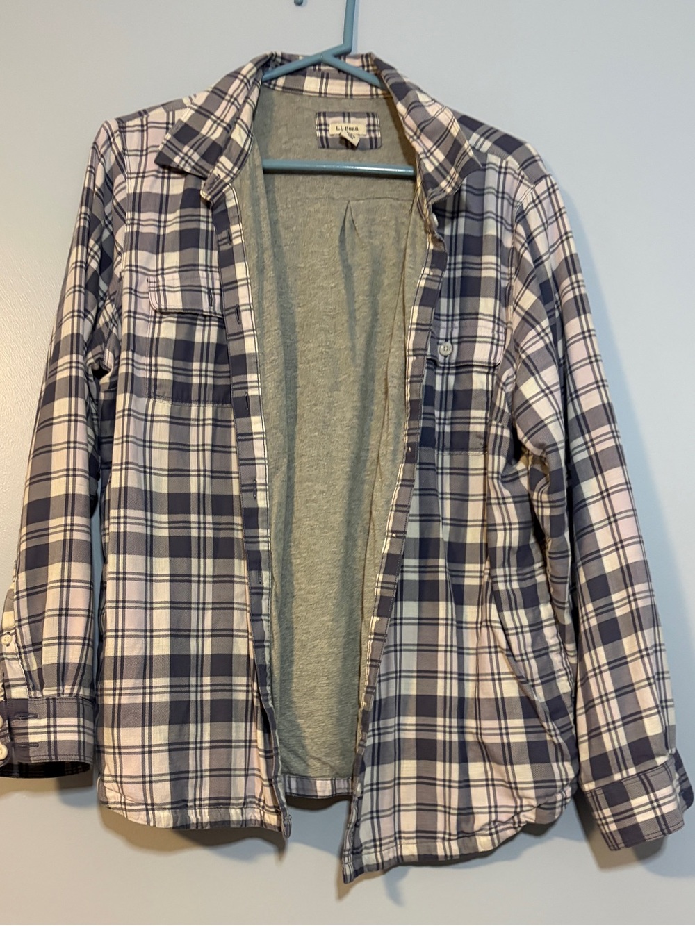 L.L. Bean Navy and White Plaid Cotton Button-Down Shirt Jacket Lined 290385